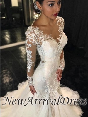 Sexy Mermaid Beading V-Neck See Through Lace Long Sleeve Wedding Dresses_1