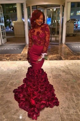 Mermaid Burgundy Flowers-Train Long-Sleeves Lace-Appliques Prom Dresses_2
