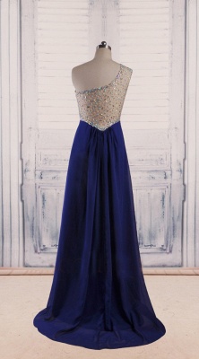 A-Line One Shoulder Royal Blue Evening DressesChiffon Sweep Train Prom Gowns with Beadings_2