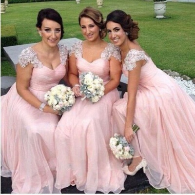 Long Capped-Sleeves Elegant Pink Chiffon Bridesmaid Dresses_3