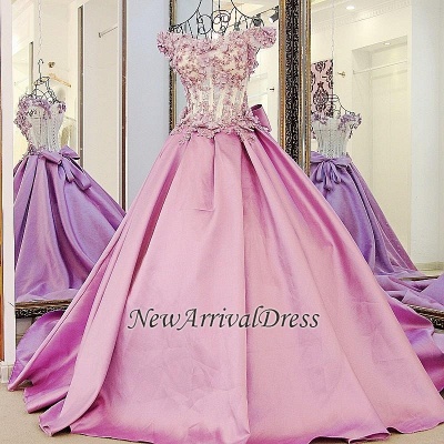 Beaded Puffy Off The Shoulder Pink Flowers Appliques Bows Long Prom Dresses_1