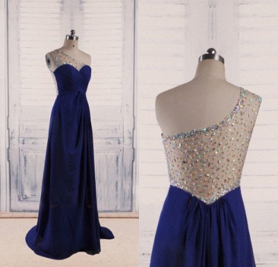 A-Line One Shoulder Royal Blue Evening DressesChiffon Sweep Train Prom Gowns with Beadings_3