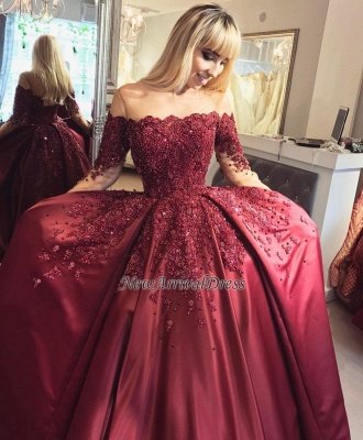 Appliques Long-Sleeves Burgundy Crystal Ball Off-the-Shoulder Prom Dresses_4