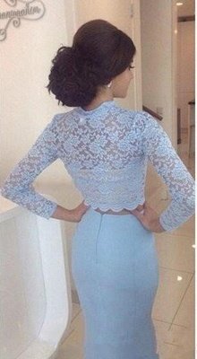 Modern Lace Long Sleeve Two Piece Mermaid Zipper Prom Dress_3