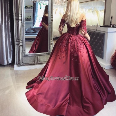 Appliques Long-Sleeves Burgundy Crystal Ball Off-the-Shoulder Prom Dresses_3