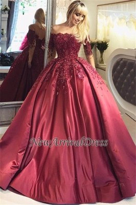 Appliques Long-Sleeves Burgundy Crystal Ball Off-the-Shoulder Prom Dresses_5