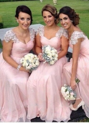 Long Capped-Sleeves Elegant Pink Chiffon Bridesmaid Dresses_2