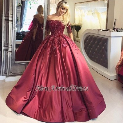 Appliques Long-Sleeves Burgundy Crystal Ball Off-the-Shoulder Prom Dresses_1