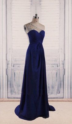 A-Line One Shoulder Royal Blue Evening DressesChiffon Sweep Train Prom Gowns with Beadings_1
