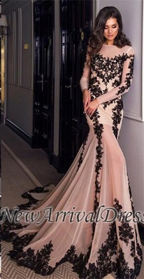 Nude Sheer Sexy Long-Sleeves Black Mermaid Lace-Appliques Evening Gowns_3