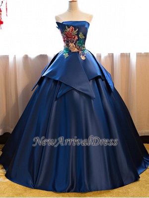 Strapless Peplum Dark-Blue Elegant Puffy Embroidery Long Prom Dresses_1
