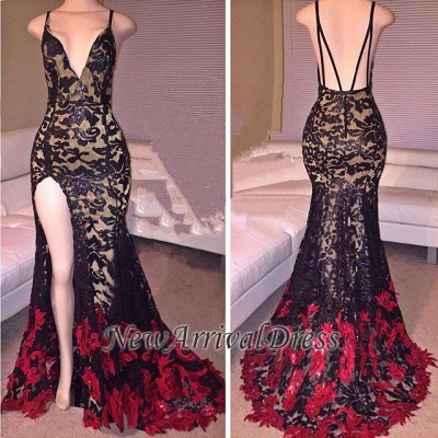 Side Slit Black Mermaid Spaghetti Straps Lace Red Long Prom Dresses_1