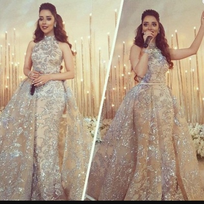 Silber Perlen Spitze Appliques Overskirt Prom Dresses 2021 | Ärmellose Champagner sexy Abendkleid billig_5