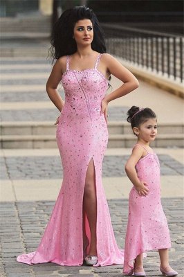 Spaghetti-Straps Sexy Open-Back Sequined Crystal Mermaid Pink Prom Dress_2