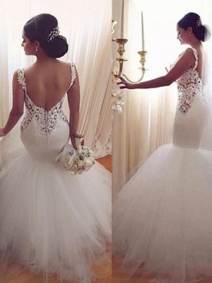 Lace Appliques V-Neck Sexy Mermaid Wedding Dresses  Online Sleeveless Tulle Bridal Gowns_3