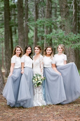 Elegant Silver White Lace Short-Sleeve Long Bridesmaid Dresses_1