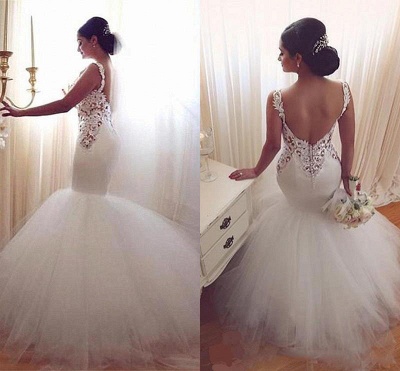 Lace Appliques V-Neck Sexy Mermaid Wedding Dresses  Online Sleeveless Tulle Bridal Gowns_5