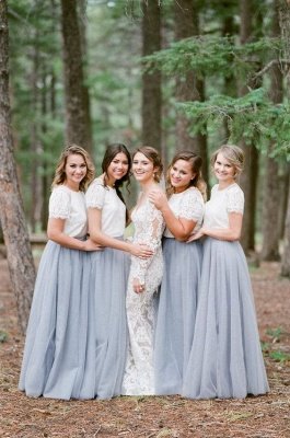 Elegant Silver White Lace Short-Sleeve Long Bridesmaid Dresses_2