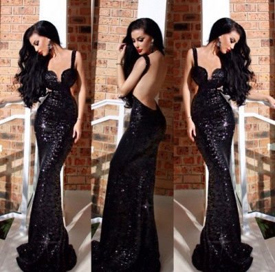 Sexy Black Mermaid Sequined Long Prom Dresses Open Back Evening Gowns_3