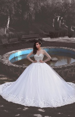 Elegant Long Sleeve  Online Crystals Tulle Ball Gown Wedding Dresses_2