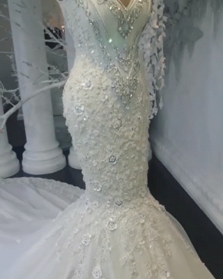 Luxus-Meerjungfrau ärmellose Brautkleider | Blumen Appliques Brautkleider mit Kristallen_5