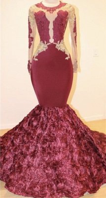 Open Back Gold Lace Burgundy Long Prom Dresses   Plus Size | Mermaid Long Sleeve Formal Dresses for Juniors_1