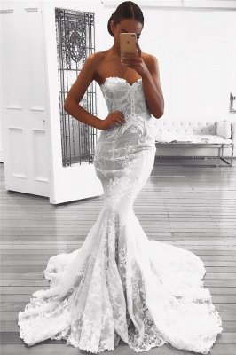 Mermaid Wedding Dresses with Court Train | Strapless Lace Sexy   Bridal Gowns_1
