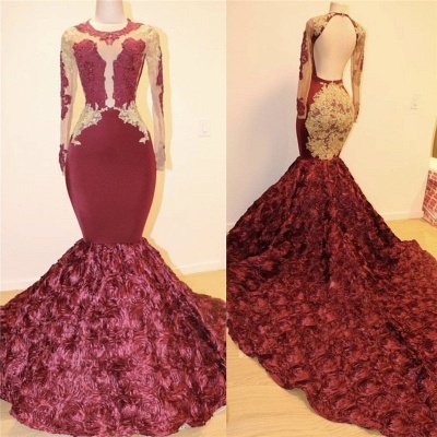 Open Back Gold Lace Burgundy Long Prom Dresses   Plus Size | Mermaid Long Sleeve Formal Dresses for Juniors_3