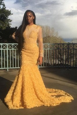 Robe de bal en dentelle jaune modeste à manches longues | Robe De Bal Fleurs_1