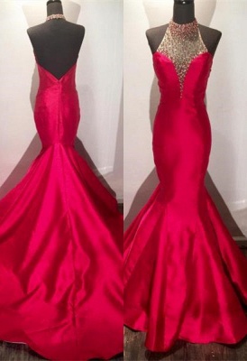 Modern Red High Neck Beads Mermaid Zipper Prom Dresses_1