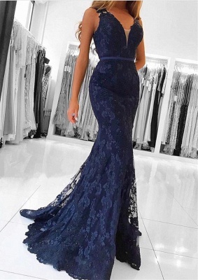 Vestido de fiesta sin mangas de sirena con tirantes de encaje más nuevo | Vestido de noche delicado_1