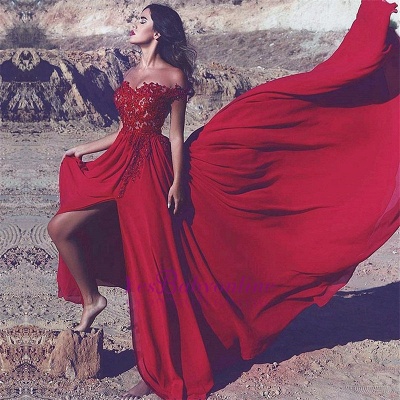 Appliques Red Split Long Lace Off-the-Shoulder Prom Dress_3