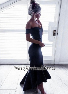 Short-Sleeves Off-The-Shoulder Black Mermaid Ruffle High-Low Chic Prom Dresses_1