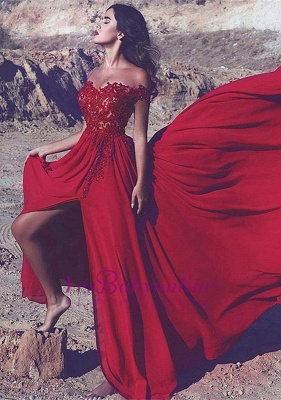 Appliques Red Split Long Lace Off-the-Shoulder Prom Dress_2
