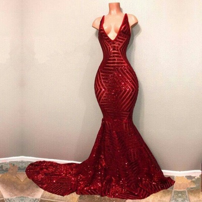Rouge Brillant V-Neck Paillettes Sirène Longues Robes De Bal Pas Cher | Robes De Bal Sirène Pas Cher_2