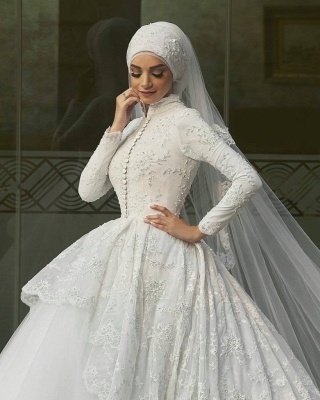 Elegant High Neck Wedding Dresses Cheap Online| Lace Long Sleeve Muslim Bridal Gowns_3