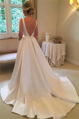 Elegante Satin Brautkleider | Ärmelloses königliches Hochzeitskleid mit offenem Rücken_3