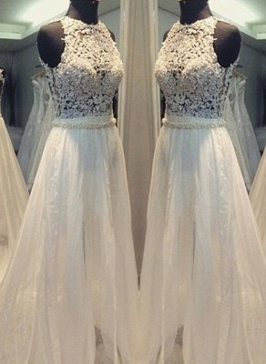 Simple A-line Sleeveless Hollow Scoop Sweep Train Wedding Dresses_2