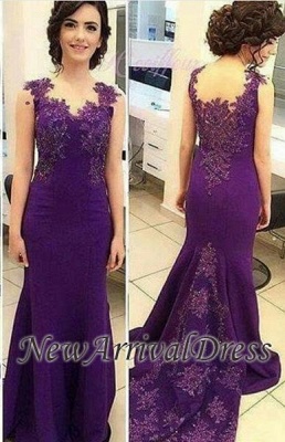 Sleeveless Lace-Appliques Long Purple Mermaid Evening Gowns_3