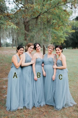 Fashion Sleeveless Tulle Blue Long Bridesmaid Dresses_1