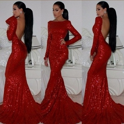 New Fashion Long Prom Dresses  Sparkly High Neck Sequined Mermaid Red Long Sleeve Formal Evening Gown_2