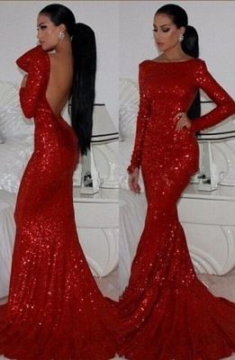 New Fashion Long Prom Dresses  Sparkly High Neck Sequined Mermaid Red Long Sleeve Formal Evening Gown_1