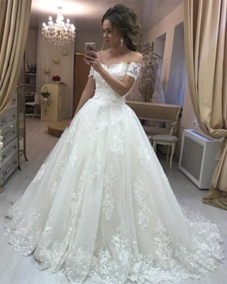 Off The Shoulder Lace Wedding Dresses Online  | Puffy Tulle Sexy Bride Dress_1