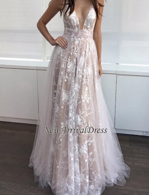 A-line Sexy Lace-Appliques Deep-V-Neck Layers Prom Dresses_1