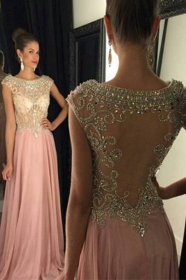 Pink Chiffon Prom Dresses Crystals Beaded Open Back Long Luxury Evening Gowns_1