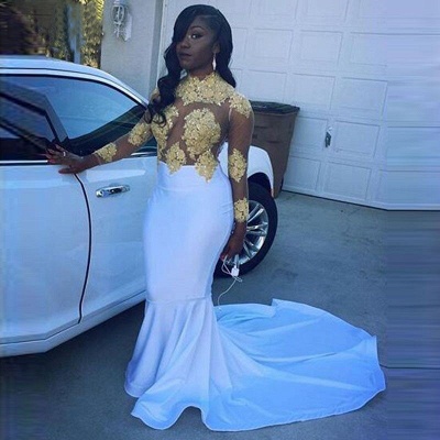 Mermaid Gold Appliques Gorgeous Long-Sleeve Prom Dress | Plus Size Prom Dress_3