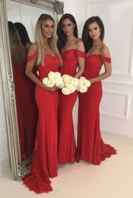 Modern Off-the-shoulder Red Lace Sequined Mermaid Bridesmaid Dress BA6081_2