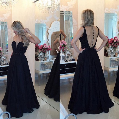 Sweetheart Black Beaded Sexy Prom Dresses Sheer Buttons Back Sweep Train Evening Gowns_2