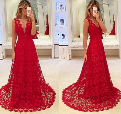 Sexy Red Lace V-Neck Prom DressTulle BA3843_3