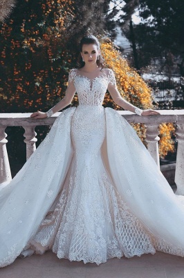 Long Sleeve Wedding Dresses with Lace Appliques | Sheer Tulle Open Back Bridal Gowns with Cathedral Train_1